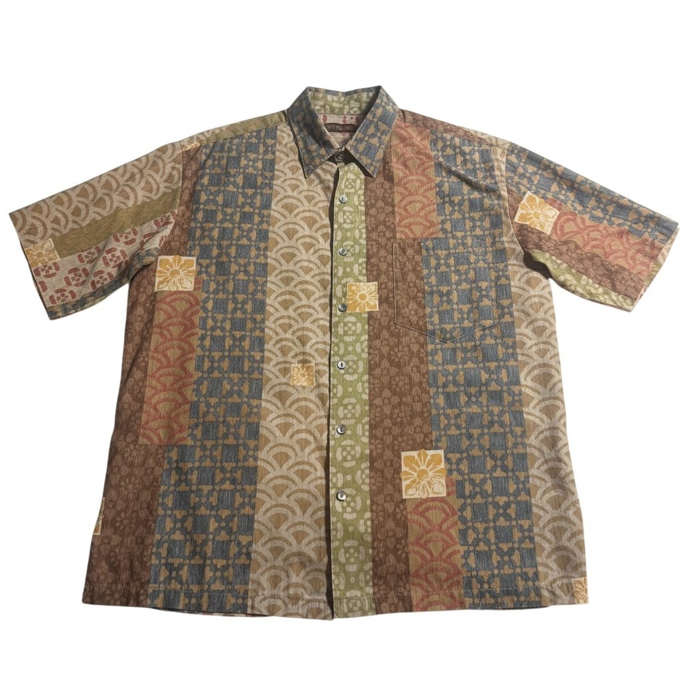 Tori Richard Shirt Medium Brown Patchwork Cotton Lawn Short Sleeve 0300 1628